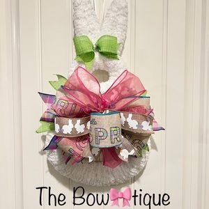 White Fluffy Yarn & Ribbon Bunny Wreath for Easter 19”L #8